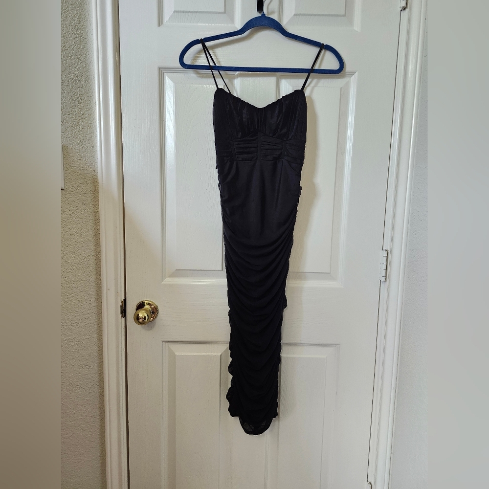 Hello Molly Black Ruched Midi Slip Dress